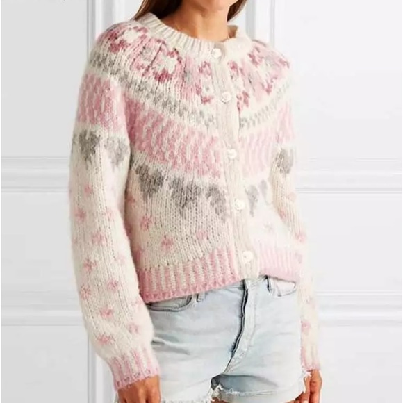 Sweaters - Cardigan sweater heart pink white rose button knit boho women thick